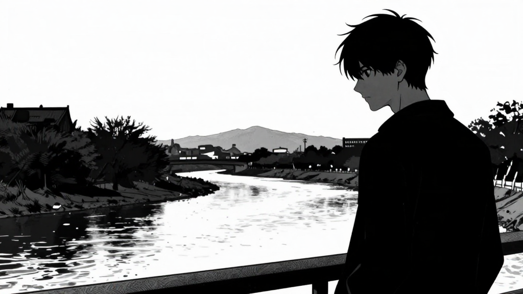 Chen’s silhouette working the claim, river reflecting the fading light.