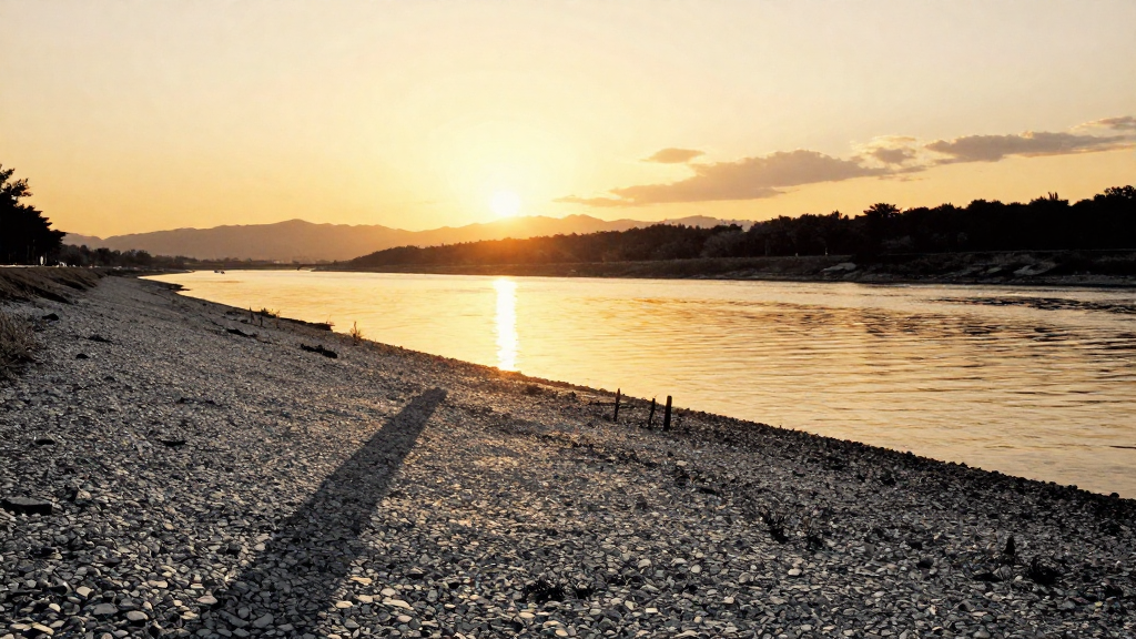 Sunset paints the river in amber, long shadows stretch across the gravel bar.