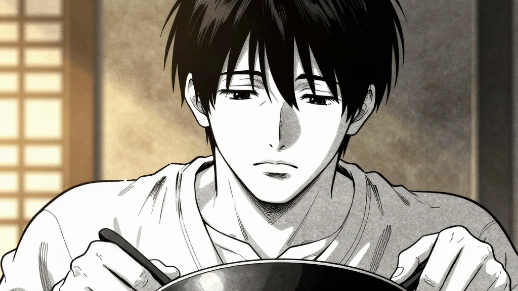 Chen’s face, focused and calm, hands working the pan.