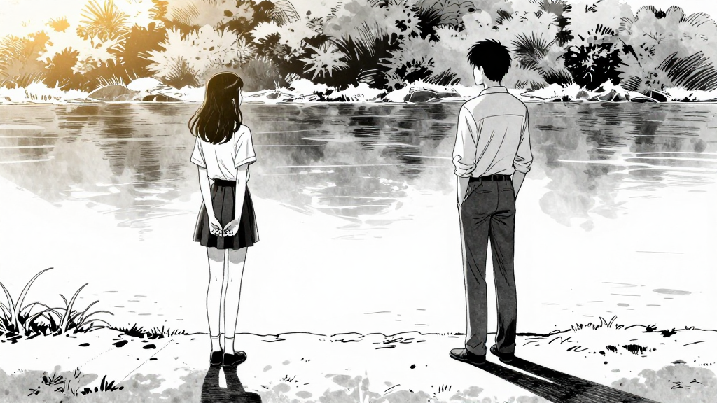 Martha and Chen stand across the river, watching each other from a distance.