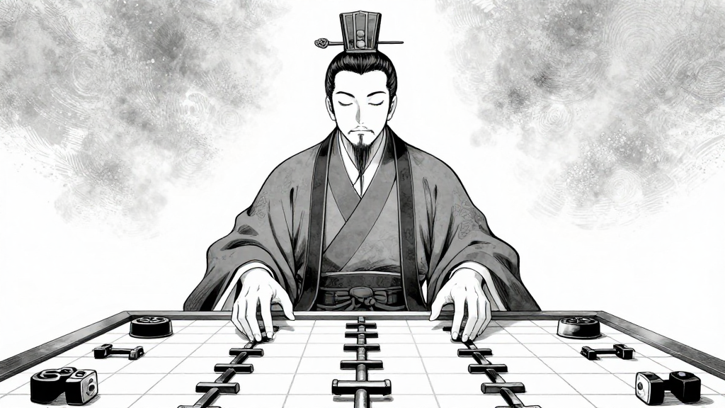 Qin Shihuang’s avatar stands motionless, eyes closed, hands hovering over the Liubo board.