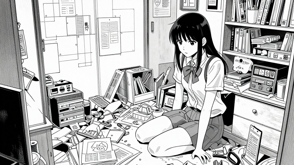Maya’s cluttered apartment, with failed reconstructions and half-finished theories.