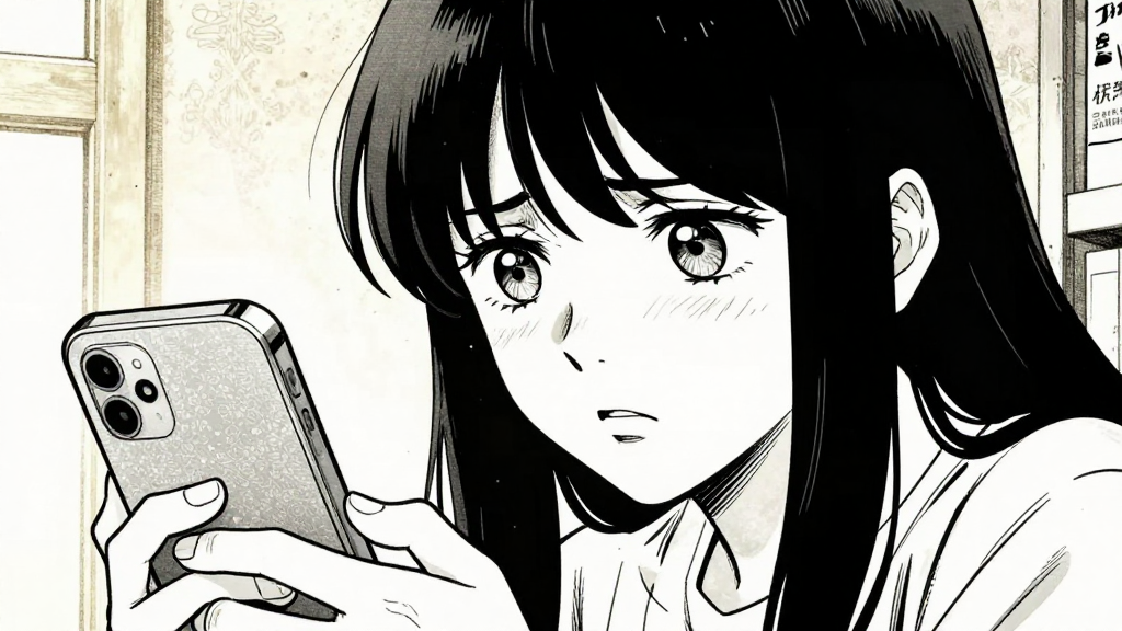 Maya’s face, conflicted, as Ethan shows her the phone.