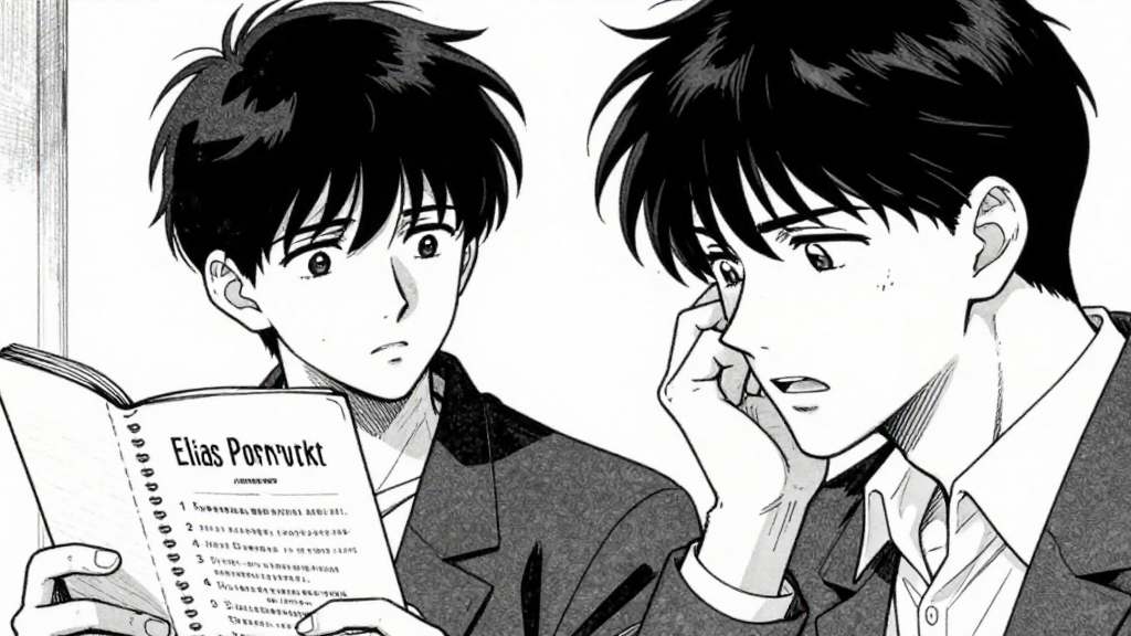 Elias stares between the portfolio and Franz, his face a mix of pain and determination.