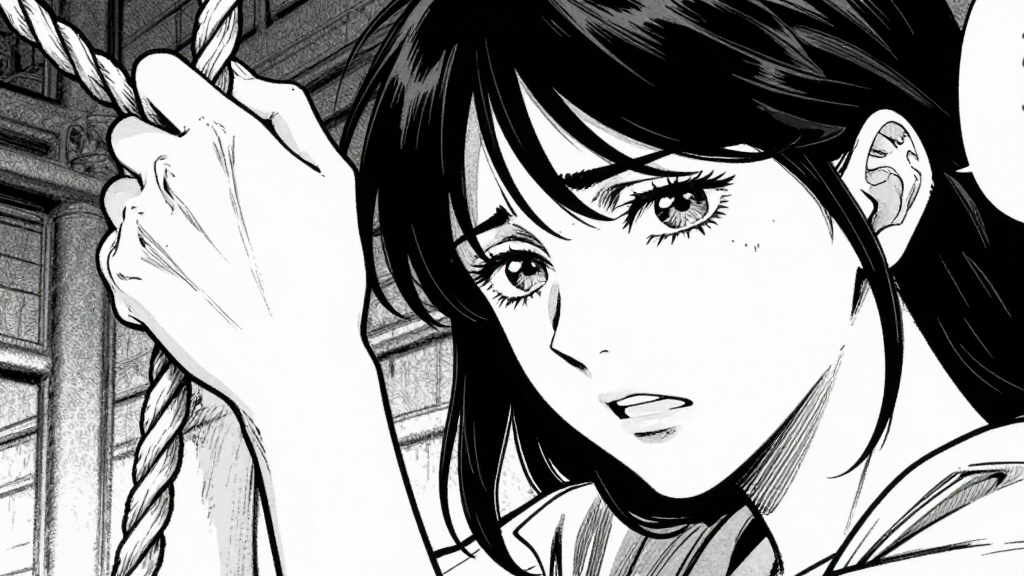 Elena’s hand is on the rope, her face a mask of conflict as the tension builds.