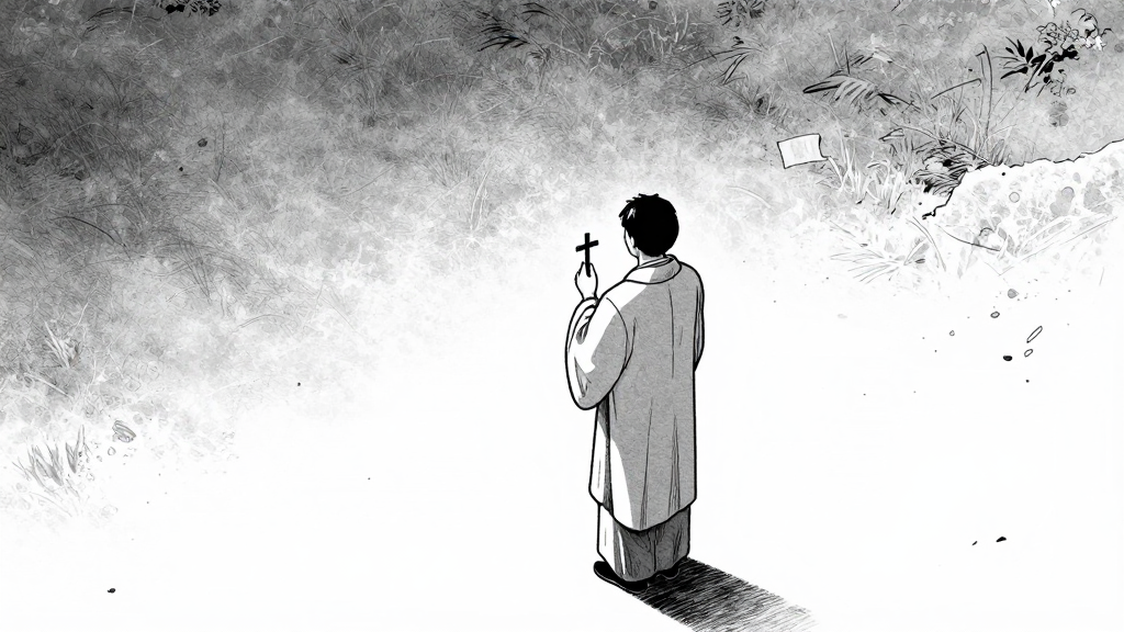 Father Domenico stands at a distance, making the sign of the cross as he watches Elena.