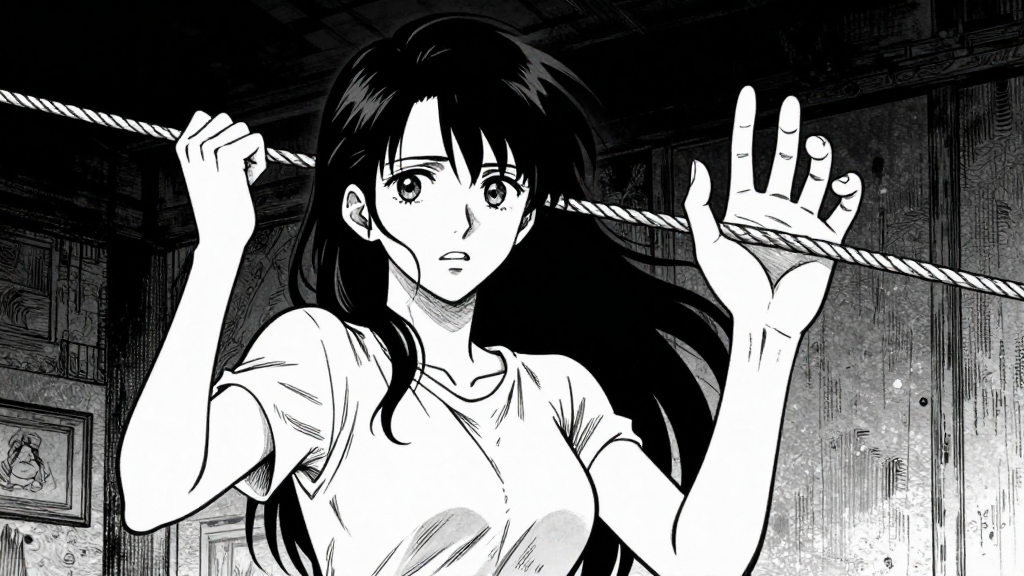 Elena stands before the rope, her hand hovering, torn between action and inaction.