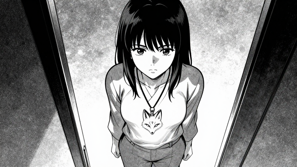 Yuki stands at the threshold, fox pendant glowing, face resolute.