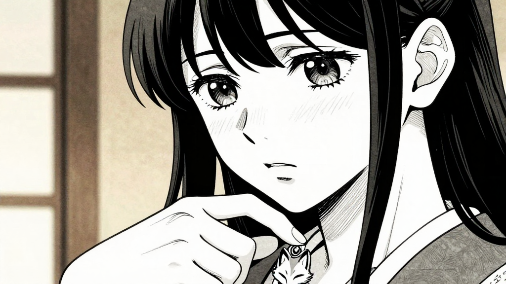 Yuki's fingers trace the fox pendant at her throat, her expression anxious.