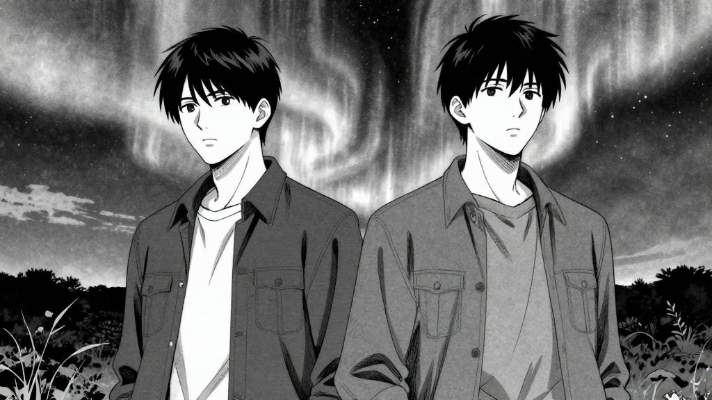 Chen and Webb stand in tense silence, auroras shifting in the background.