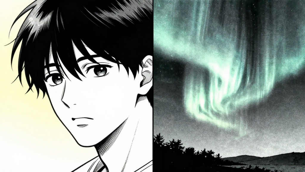 Chen’s face on one side, the auroras on the other, both reacting to her gaze.