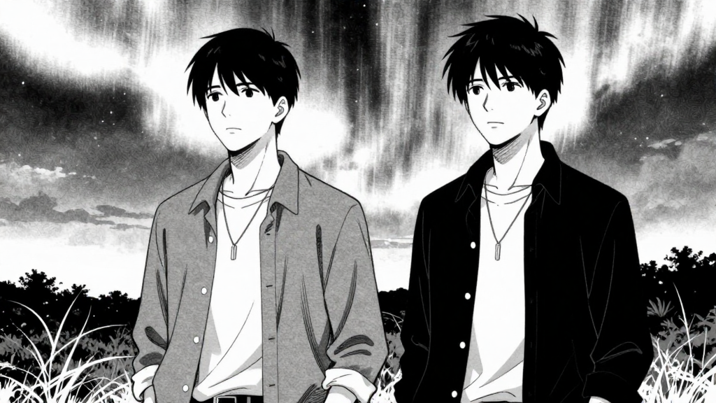 Chen and Webb stand in silence, auroras shifting in the background.