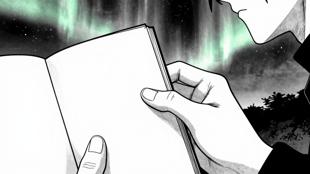 Chen’s hands close the notebook, auroras still glowing in the background.