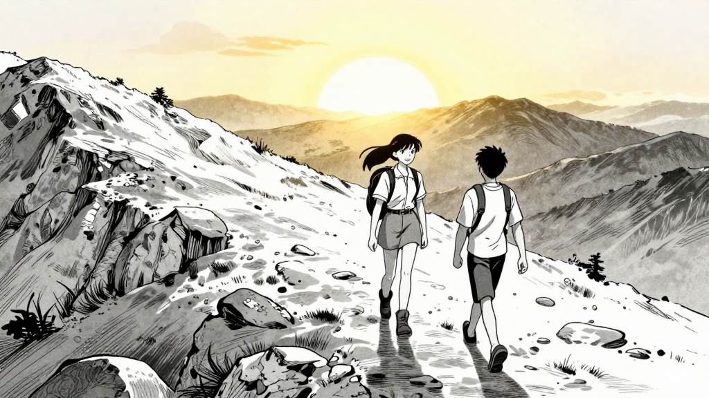 Maya and Tenzin walk down the mountain, the sun rising behind them.