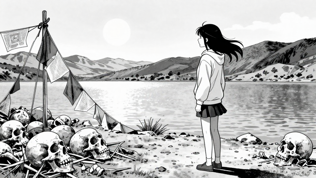 Maya stands alone at Roopkund Lake, looking at the skeletal remains and prayer flags.