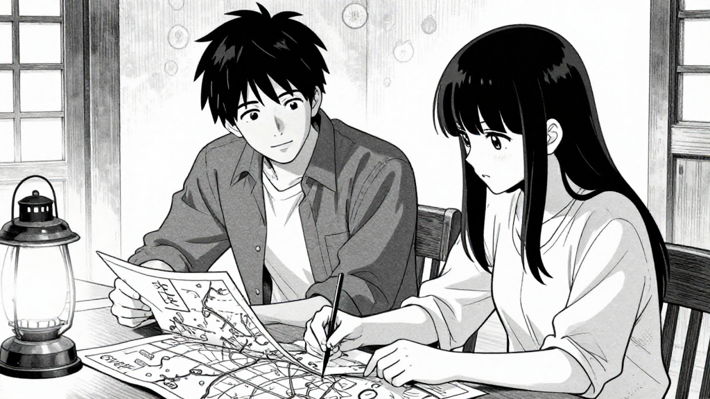 Tenzin and Maya sit at a table, merging maps and data with quiet focus.