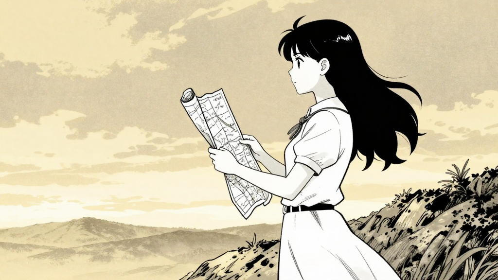Maya stands at the edge of the ridge, clutching the map, gazing at the horizon.