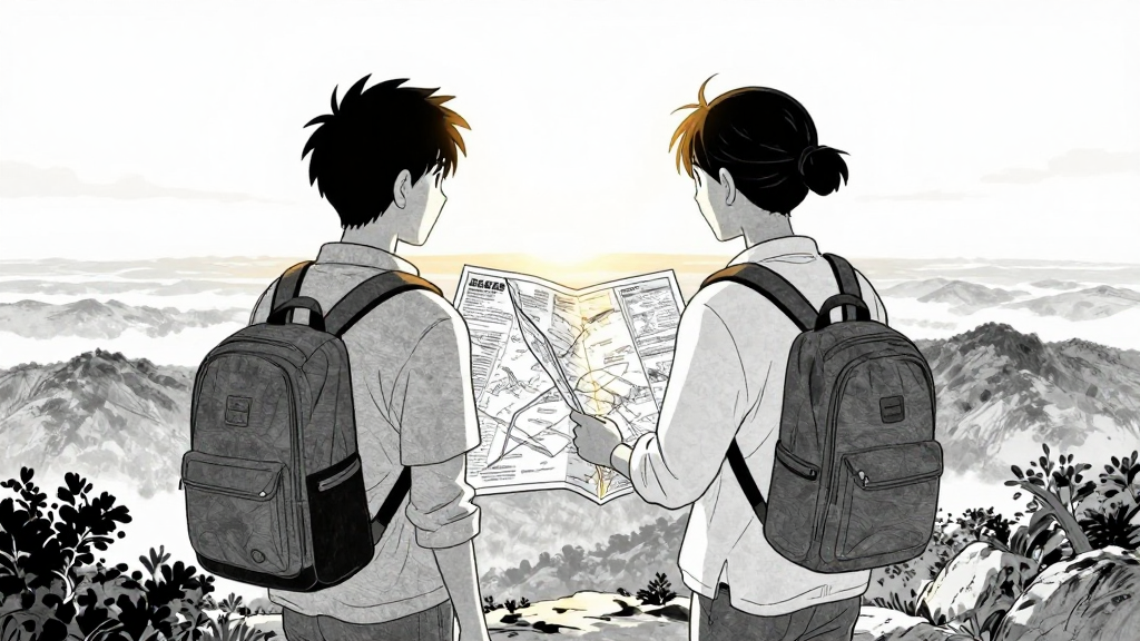 Amit and Maya stand at the base of the mountain, looking at the map and the horizon.