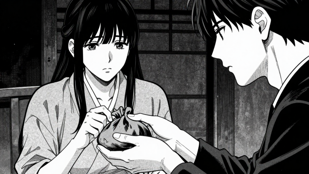 Silas handing Clara the ash pouch. Slight tilt shows tension.