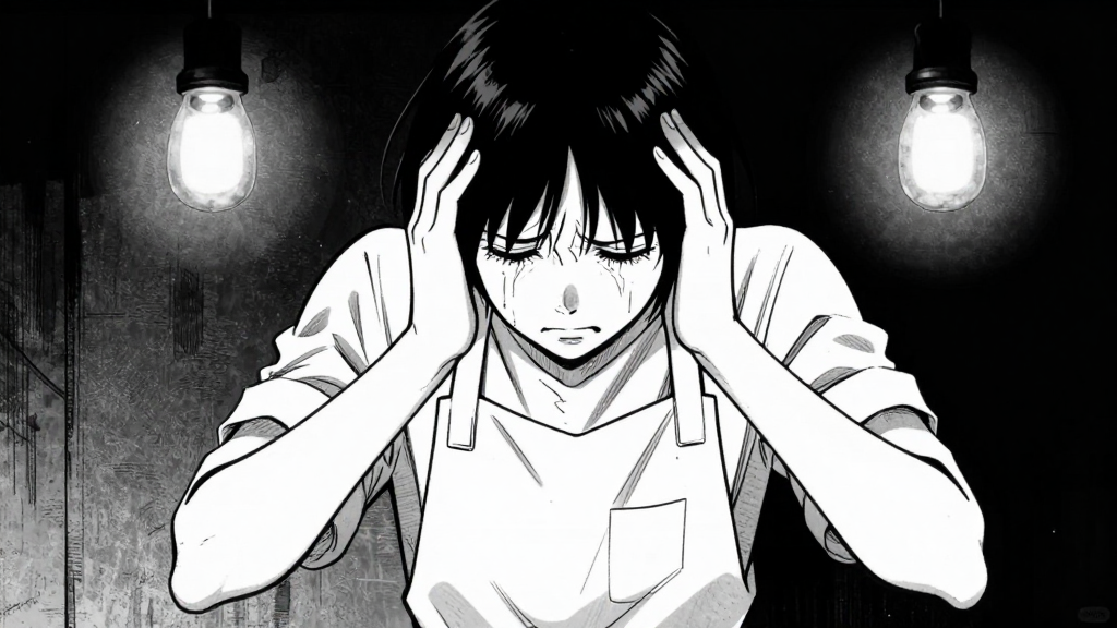 Clara’s apron, hands shaking, symbolic of internal conflict.