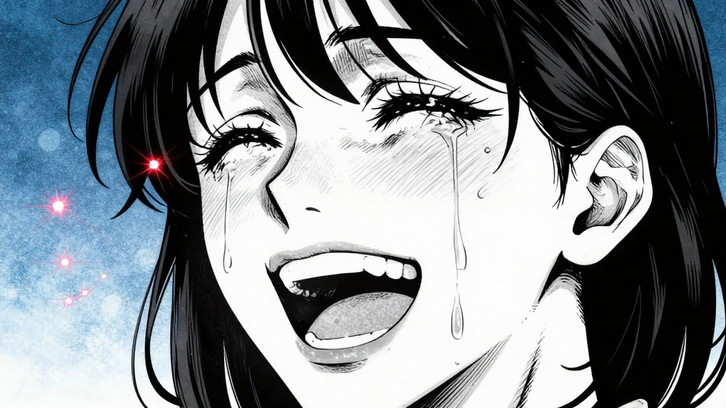 A woman laughing uncontrollably, tears streaming, implants sparking.