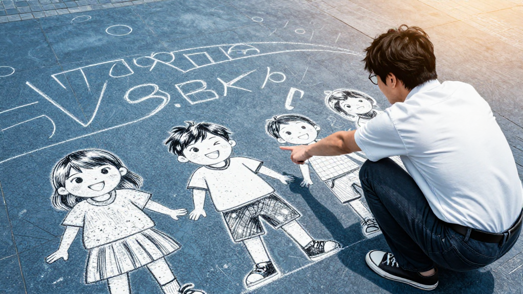 A man points at chalk drawings of smiling children in the square.