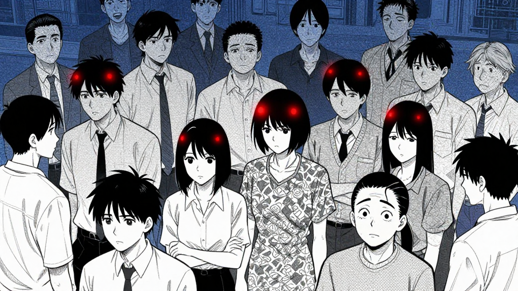 Compliance monitors flicker red, malfunctioning above the crowd.