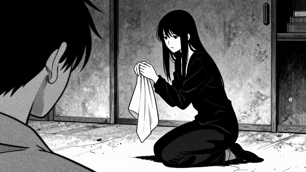 Kaelen kneels with a memory-cloth in hand. A flash of Elara’s face, pale and distant, weaving in a dimly lit room.