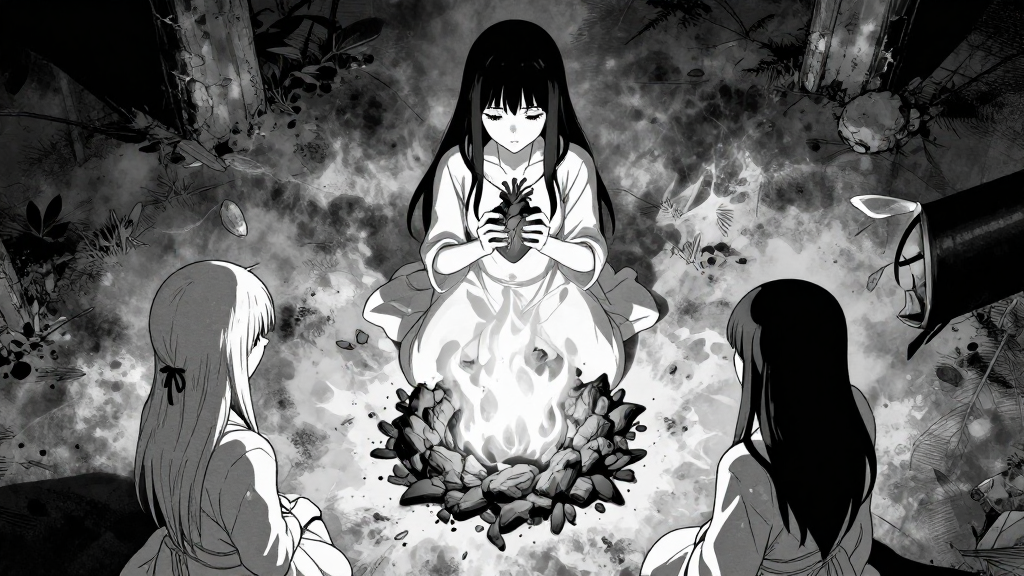 Ritual circle with ash and fire, Clara holding Mercy’s heart.