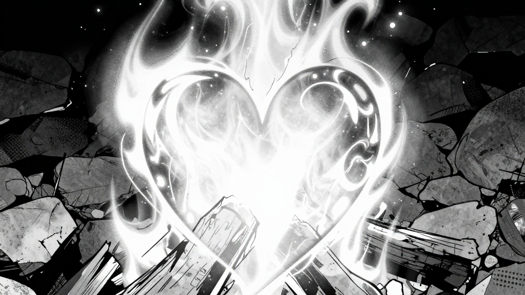 The glowing heart burning in the fire, light flickering.