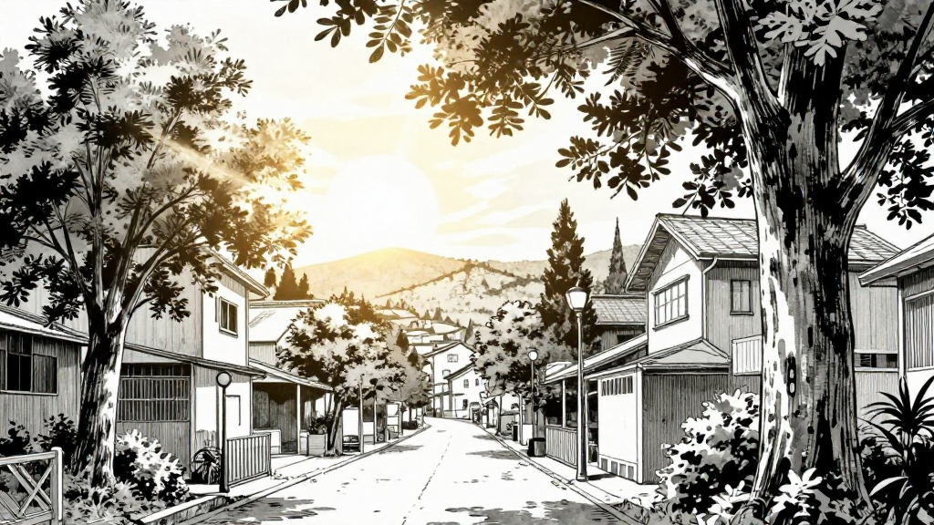 Town awakens, sunlight breaking through the trees.