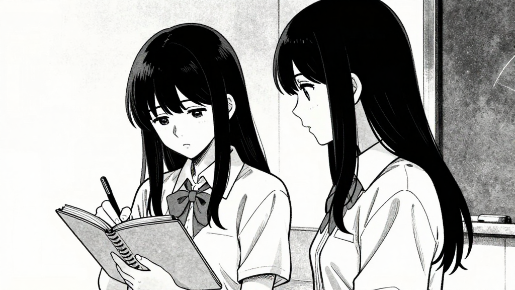 Yuki stands with Elena, writing in her notebook with determination.