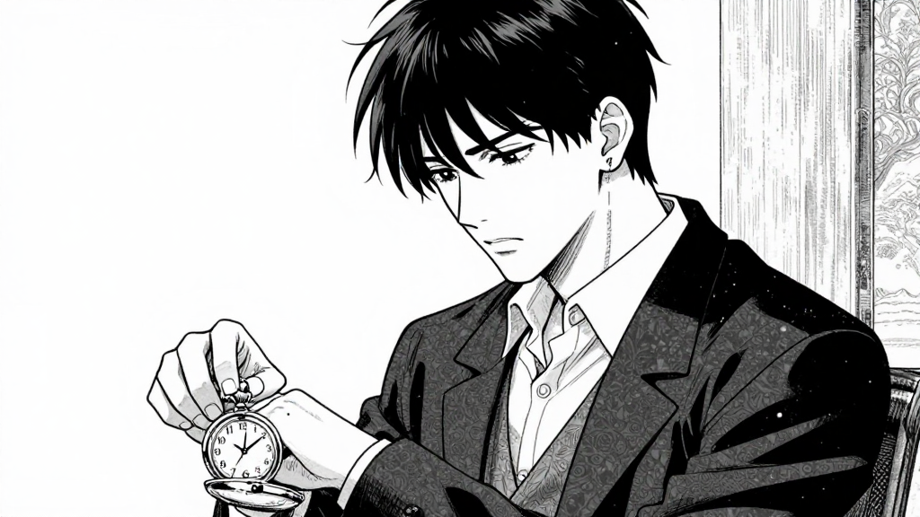 Elias checks his pocket watch, its hands running backward as he stares at it.