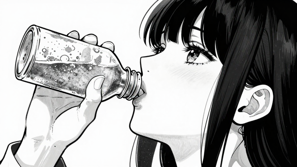 Elena lifts the vial to her lips, the compound shimmering in the light.