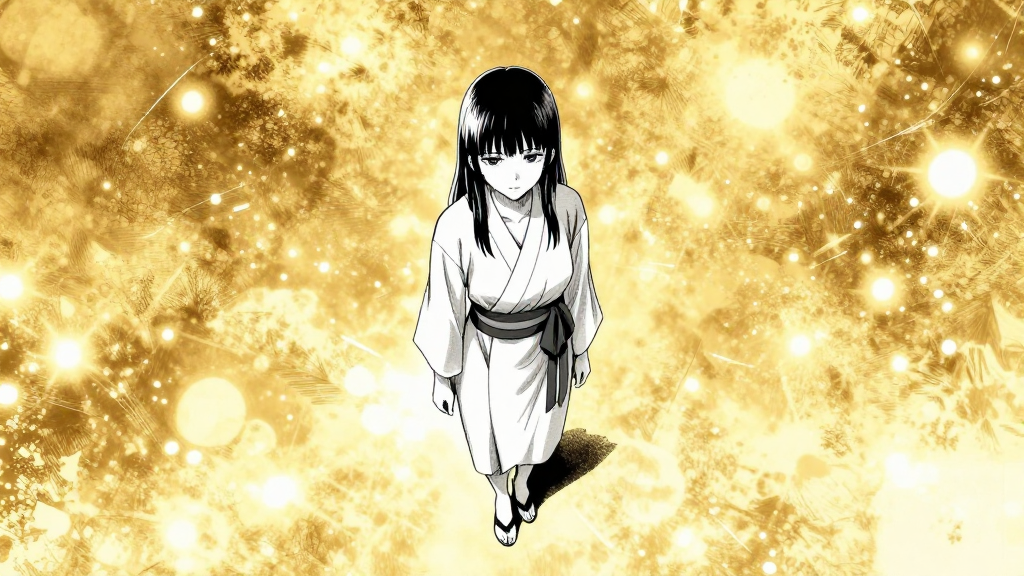 Elena stands in the Luminous Crossing, surrounded by endless golden light.