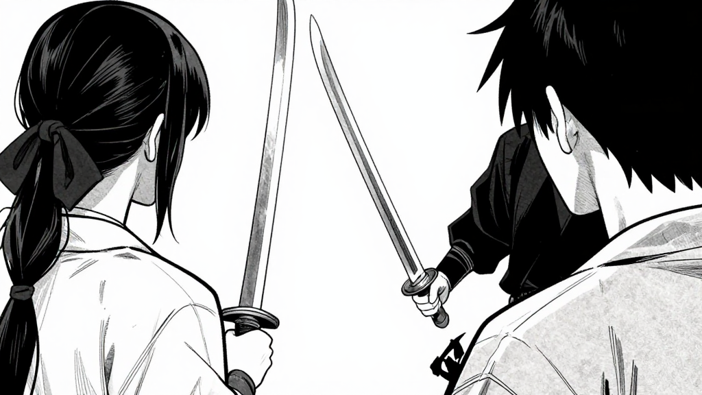 Both swordsmen circle each other in a tense standoff.