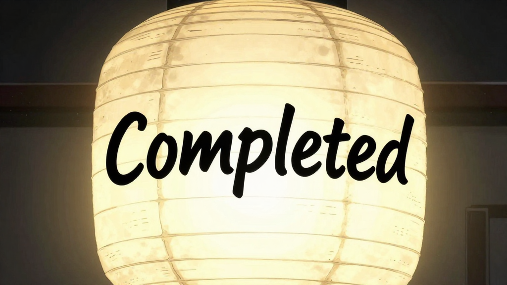 A single lantern glows with the words “Completed” in his father’s handwriting.