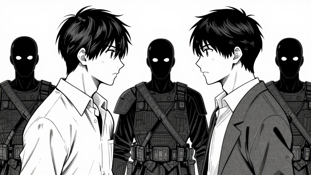 Min-jun and Tanaka face each other, spectral soldiers behind them, tension crackling in the air.