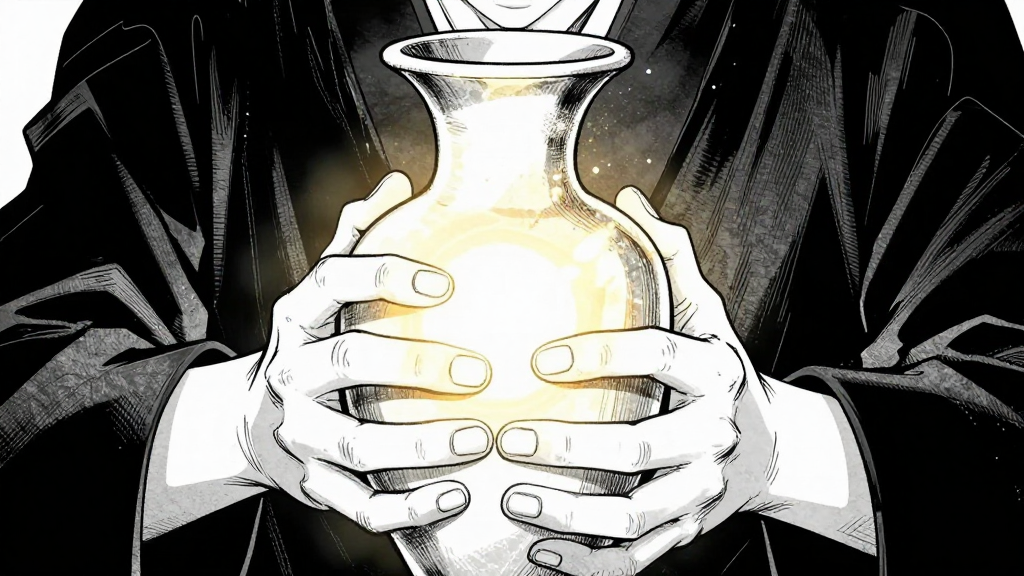 Min-jun’s hands clutch the Basano vase, glowing with trapped light as the ritual intensifies.