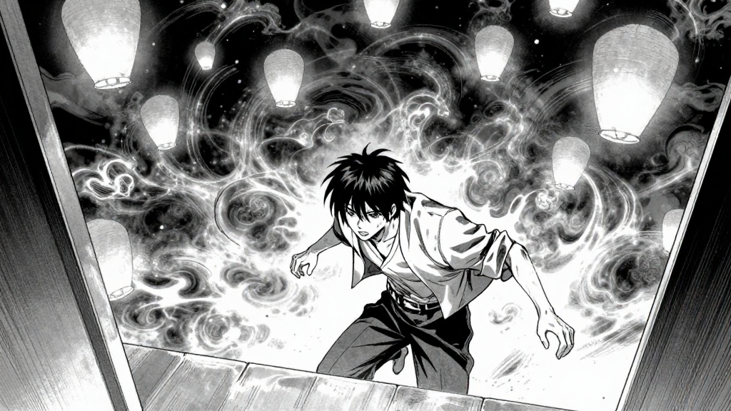 Spirit lanterns swirl like a storm above the threshold, Min-jun’s body trembling under their weight.