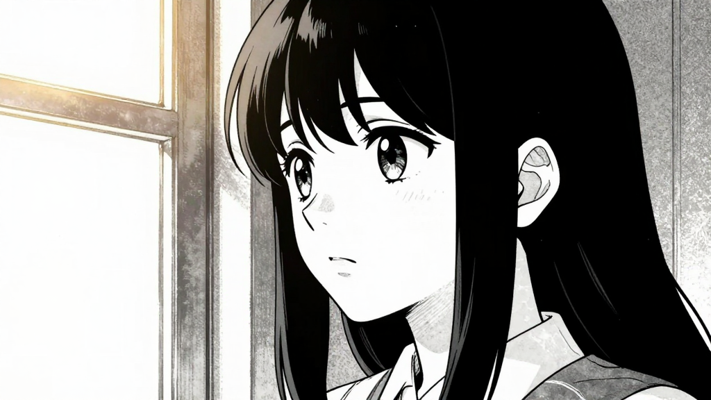 Elara's eyes remain fixed on the window, a quiet determination in her gaze.