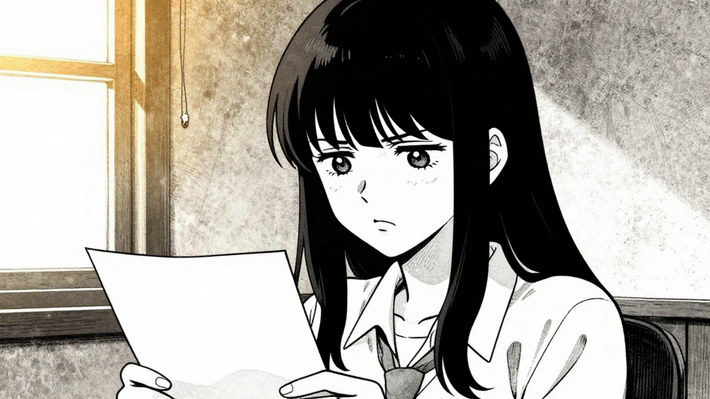 Elara stares at the rejection letter, her expression unreadable.