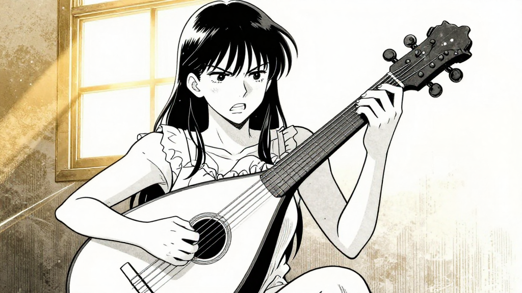 Elara plays the lute with intense emotion, her fingers moving rapidly.