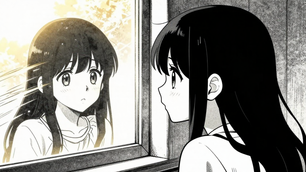 Elara stares at the window, her reflection showing a flicker of movement outside.