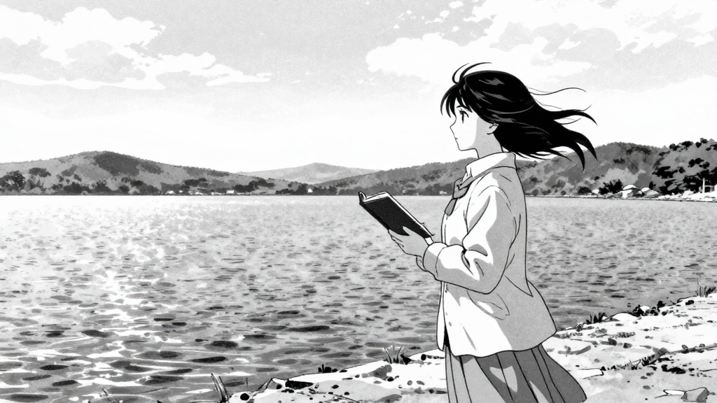 Elena stands alone at the edge of the lake, the ledger in her hands, the wind blowing.
