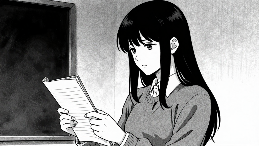 Elena stands alone, looking at the ledger, her hand trembling slightly.