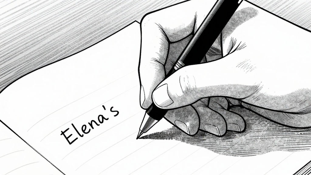 Elena’s hand writes her name in the ledger, the pen scratching softly.