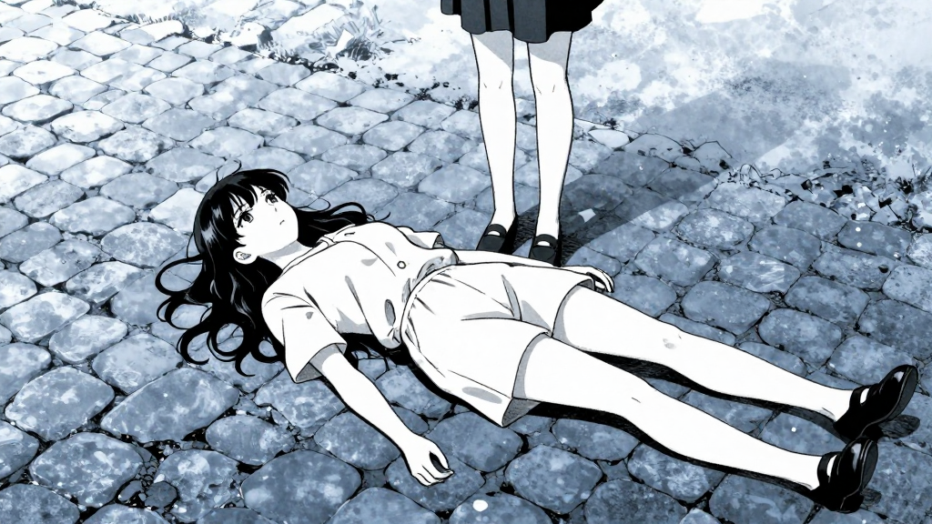 Vesper lies on the cobblestones, helpless, as Elara stands above.