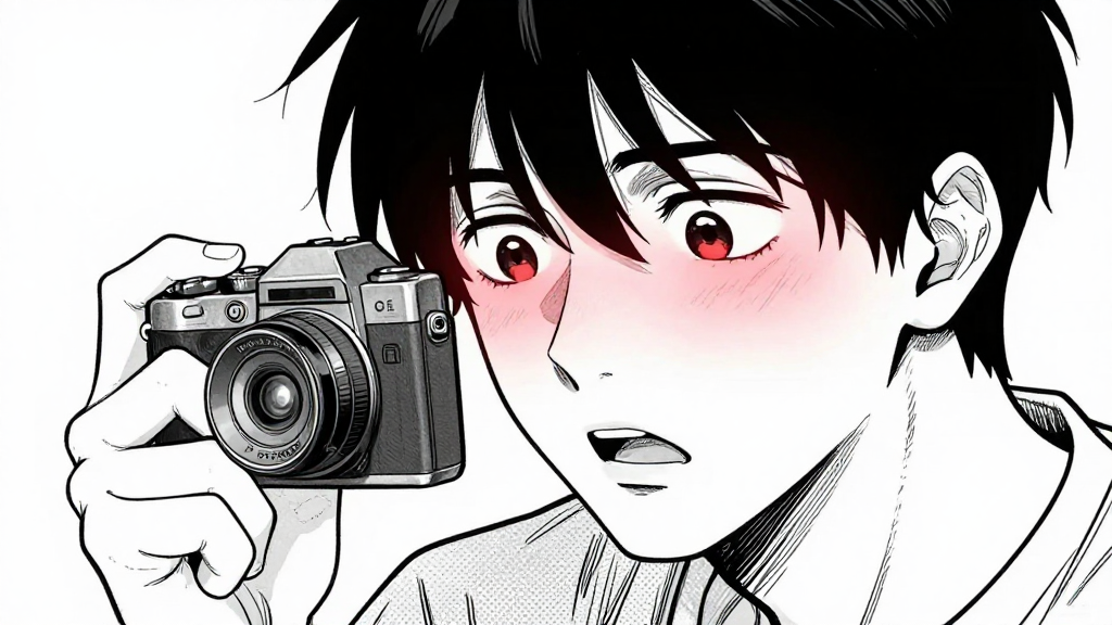 Kenjiro presses the shutter, eyes fixed on Okubo.