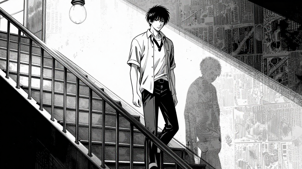 Joseph walks down the creaking stairs, his posture weary.